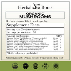 Close-up of Herbal Roots 8 Mushroom Blend capsules for daily vitality.
