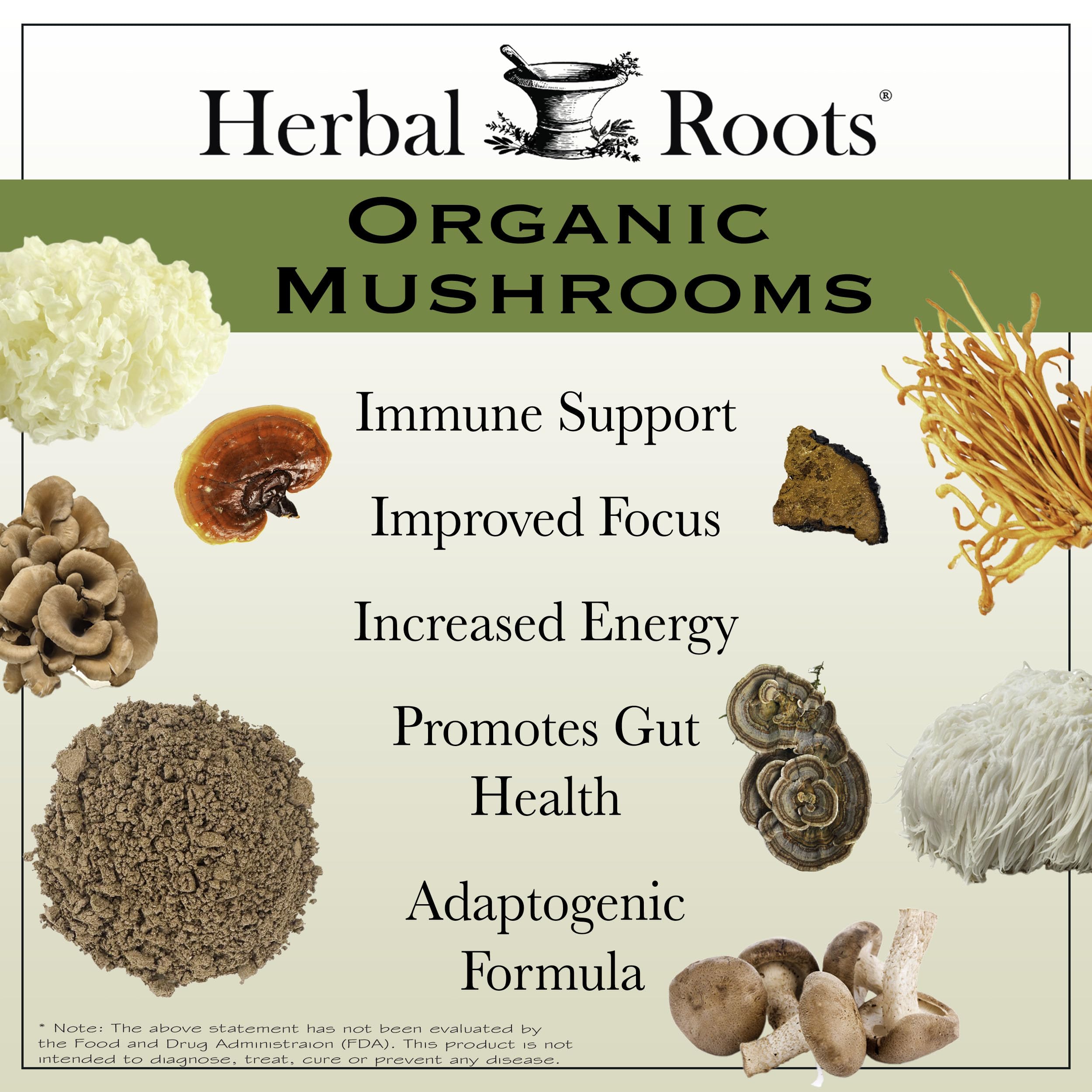 Herbal Roots 8 Mushroom Blend label shows organic certification and ingredients.