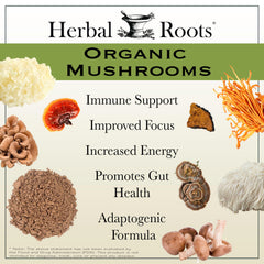 Herbal Roots 8 Mushroom Blend label shows organic certification and ingredients.