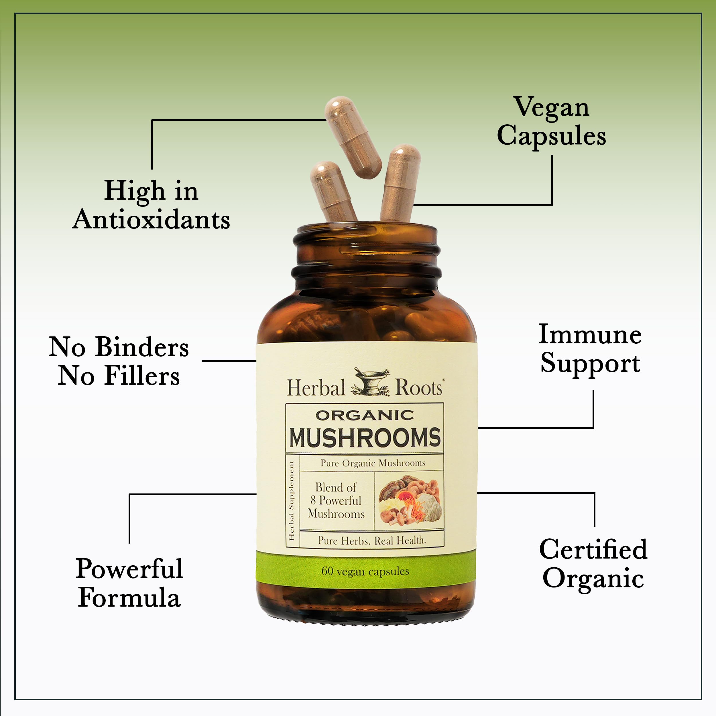 Pouring Herbal Roots 8 Mushroom Blend capsules into a hand for daily use.