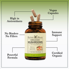 Pouring Herbal Roots 8 Mushroom Blend capsules into a hand for daily use.
