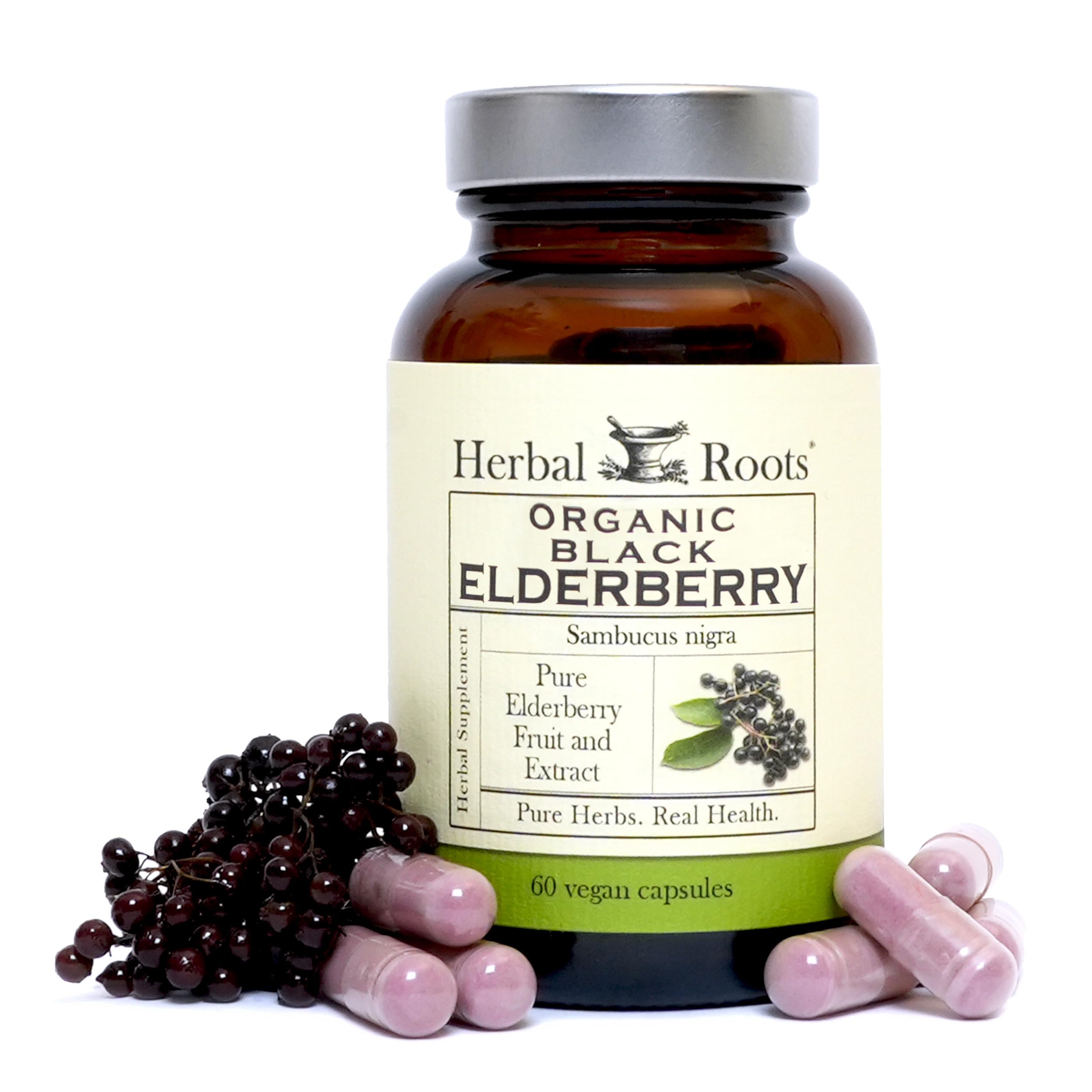 Herbal Roots Black Elderberry capsules bottle close-up highlighting immune support potential.