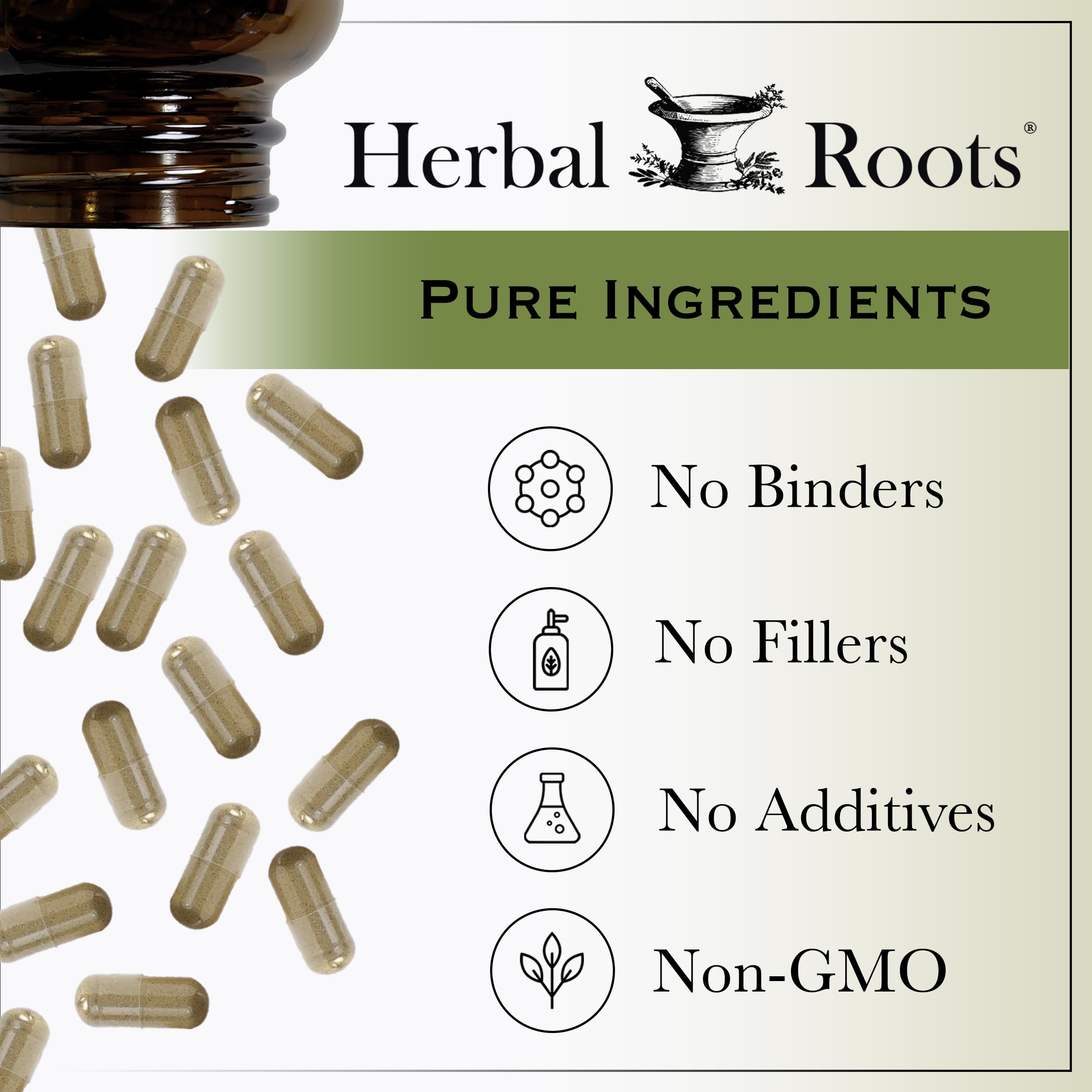 Herbal Roots cGMP and third-party tested badge signals product safety.