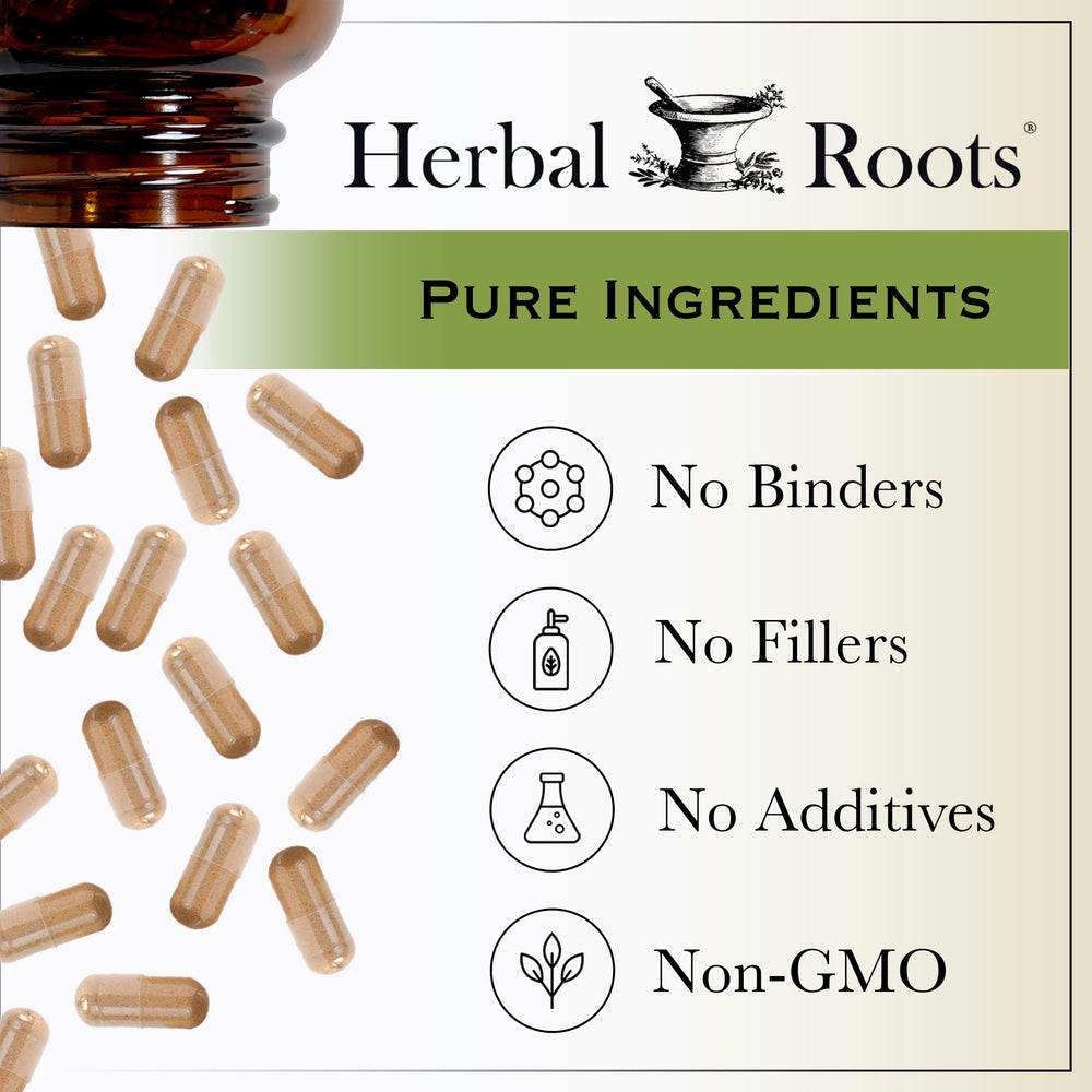 Herbal Roots clean ingredient list highlights beetroot and vegan capsule.