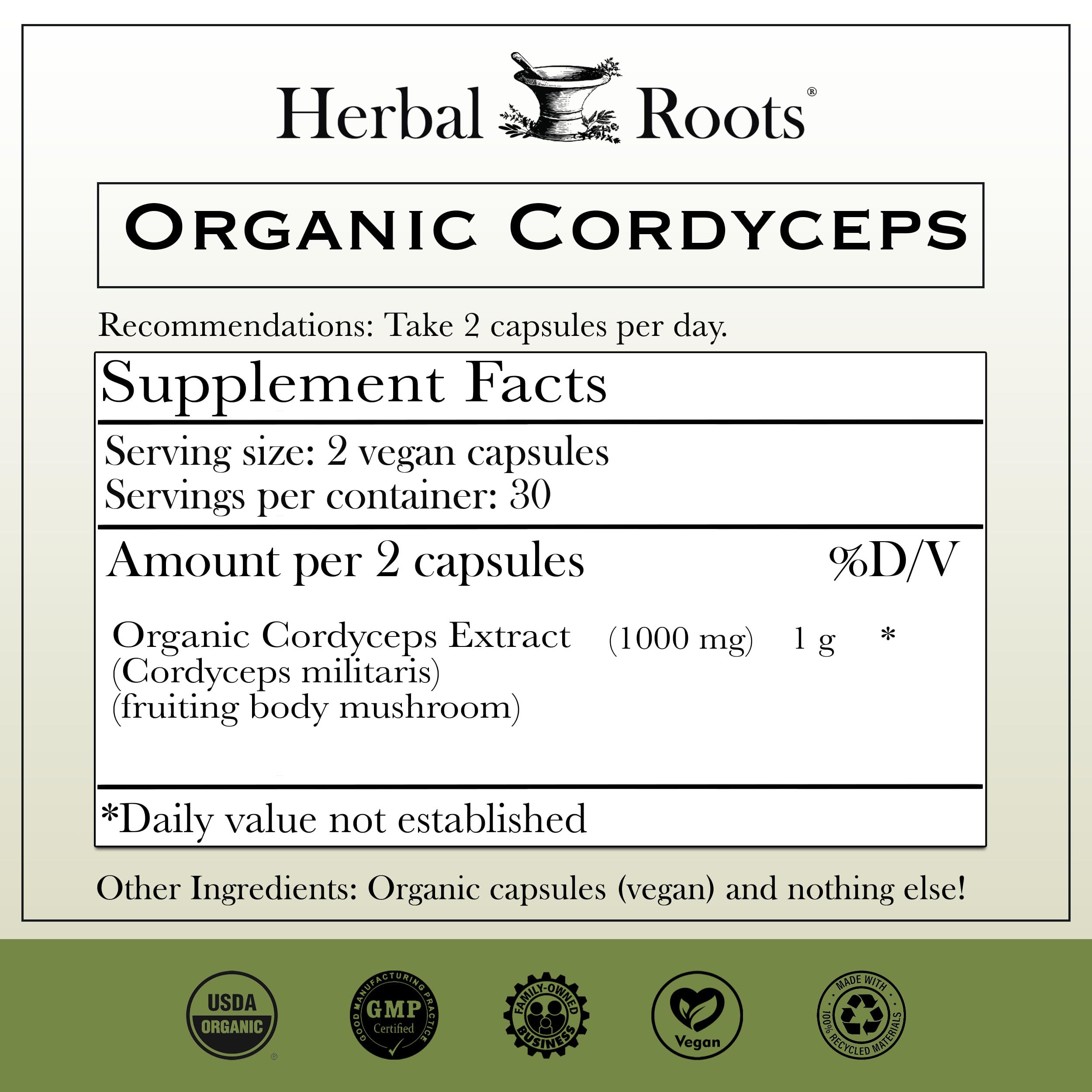 Herbal Roots Cordyceps bottle packaging label with organic and cGMP quality