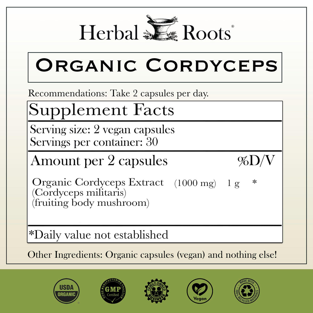 Herbal Roots Cordyceps bottle packaging label with organic and cGMP quality