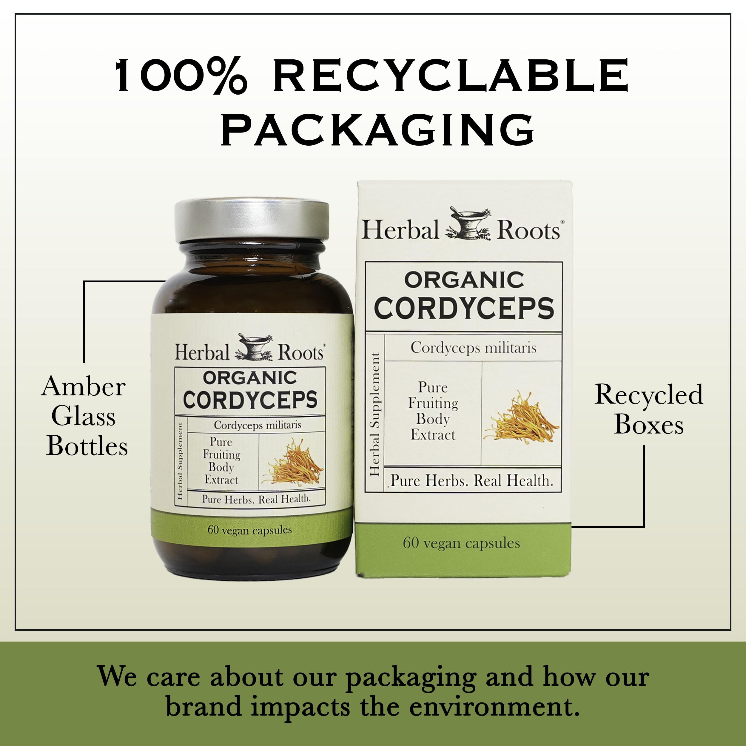 Herbal Roots Cordyceps bottle with spoon illustrating easy serving
