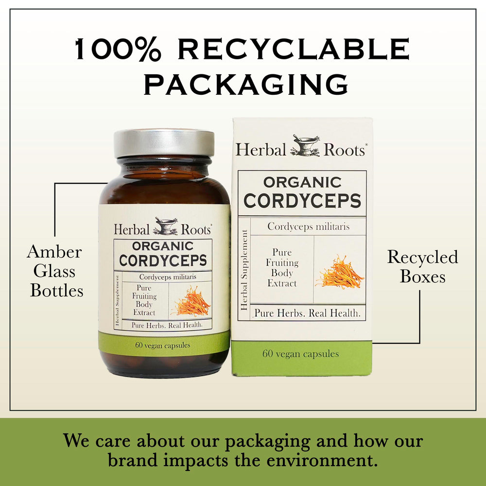 Herbal Roots Cordyceps bottle with spoon illustrating easy serving