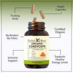 Herbal Roots Cordyceps ingredient list highlighting additive-free formula