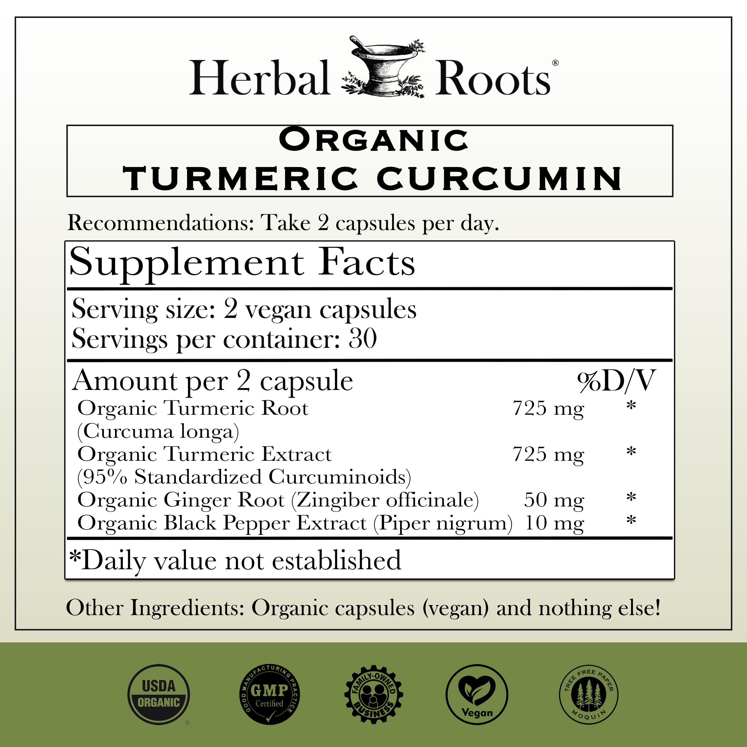 Herbal Roots Curcumin label closeup showing 95 percent potency and quality.