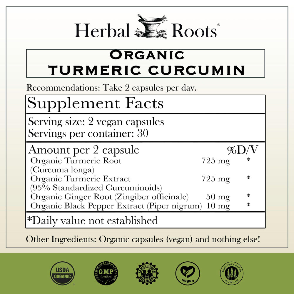 Herbal Roots Curcumin label closeup showing 95 percent potency and quality.