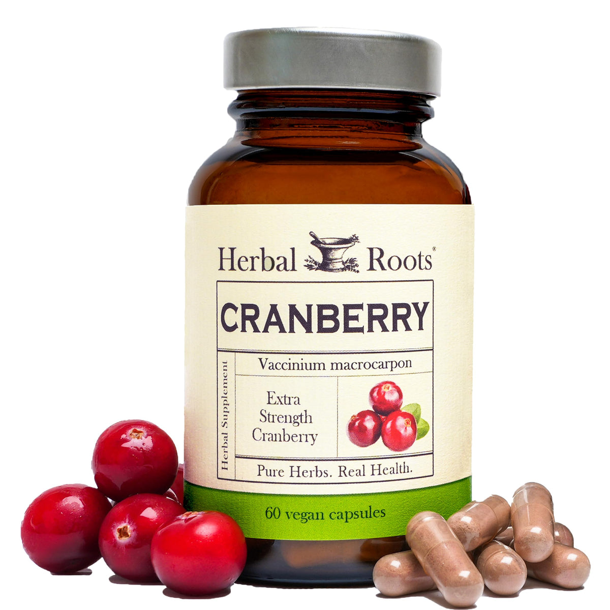 Herbal Roots extra strength cranberry pills bottle supports everyday urinary health.