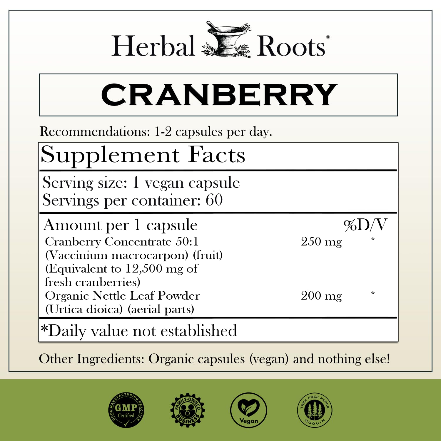 Close-up of Herbal Roots cranberry pills capsules for antioxidant-rich daily wellness.