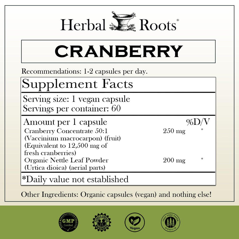 Close-up of Herbal Roots cranberry pills capsules for antioxidant-rich daily wellness.