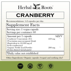 Close-up of Herbal Roots cranberry pills capsules for antioxidant-rich daily wellness.