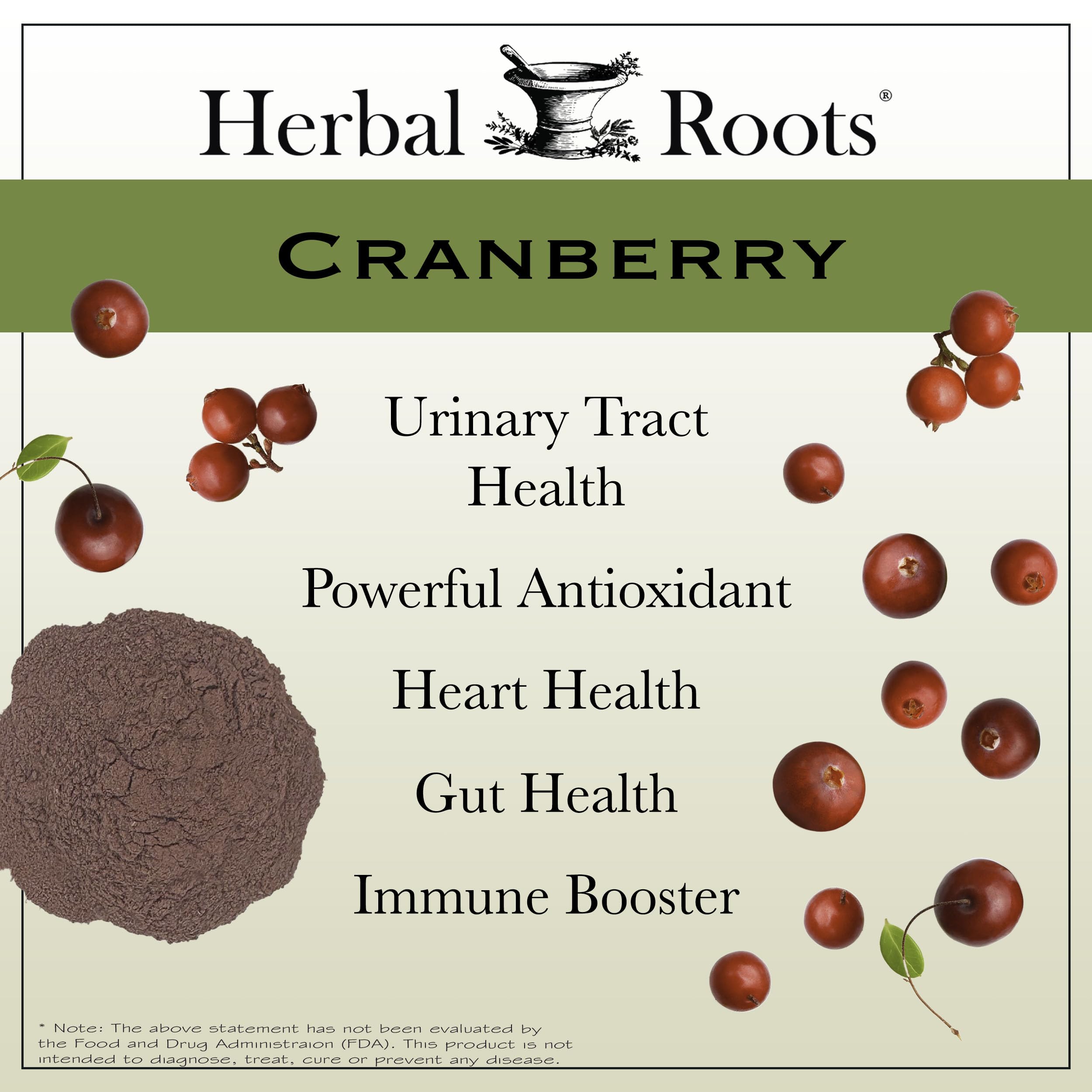 Herbal Roots cranberry pills label highlights pure, additive-free formula.