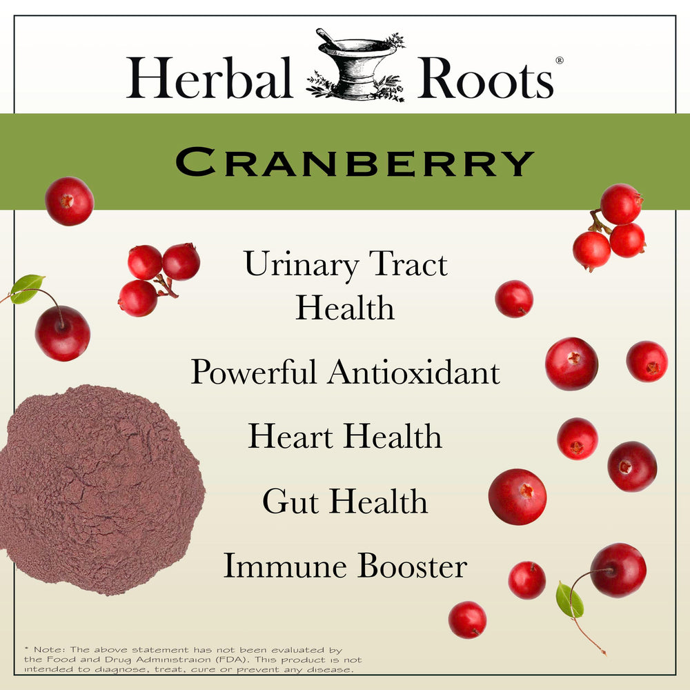 Herbal Roots cranberry pills label highlights pure, additive-free formula.