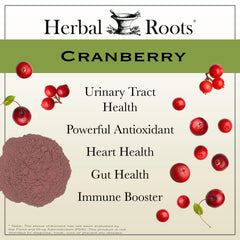 Herbal Roots cranberry pills label highlights pure, additive-free formula.