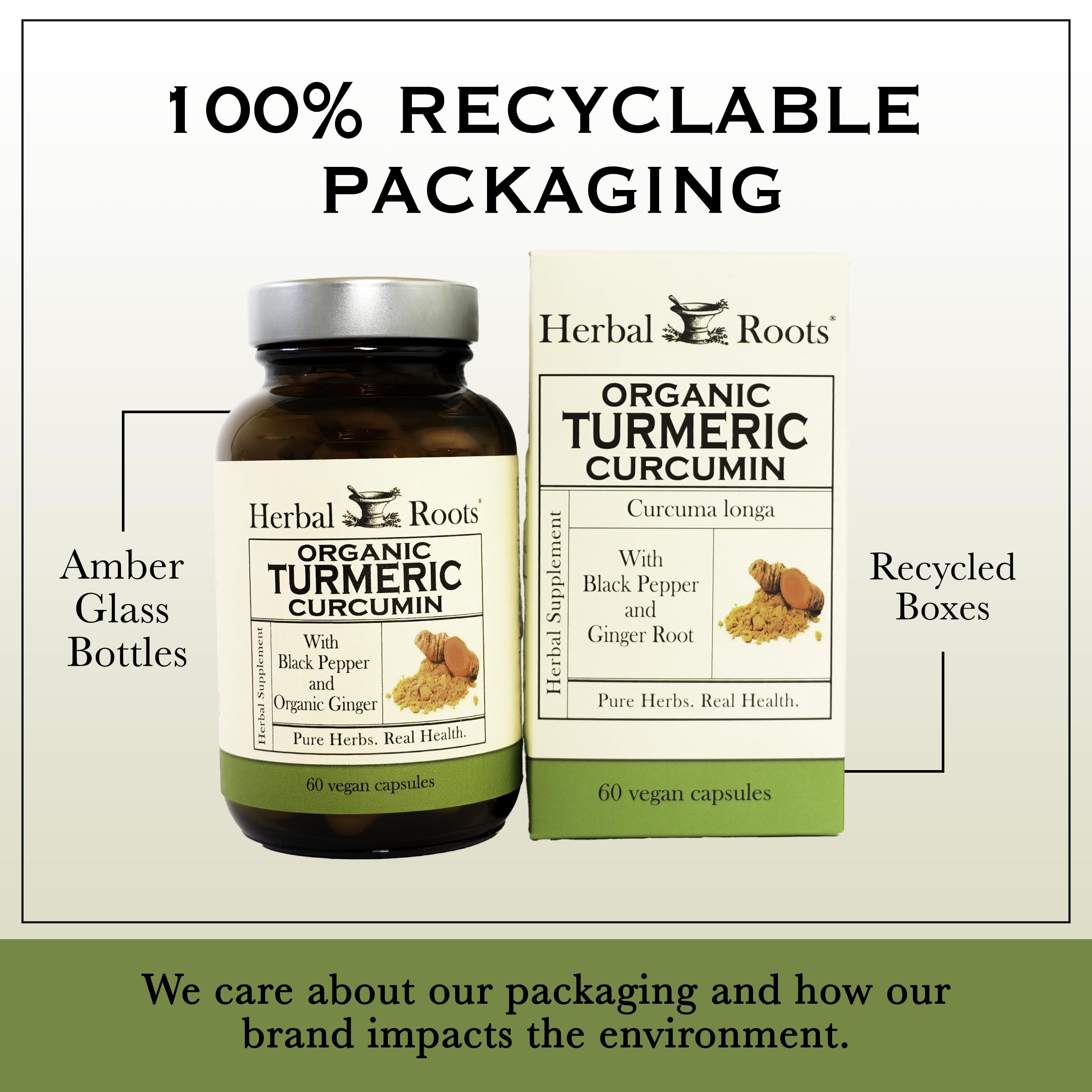 Herbal Roots extra-strength turmeric capsules ready for daily use.