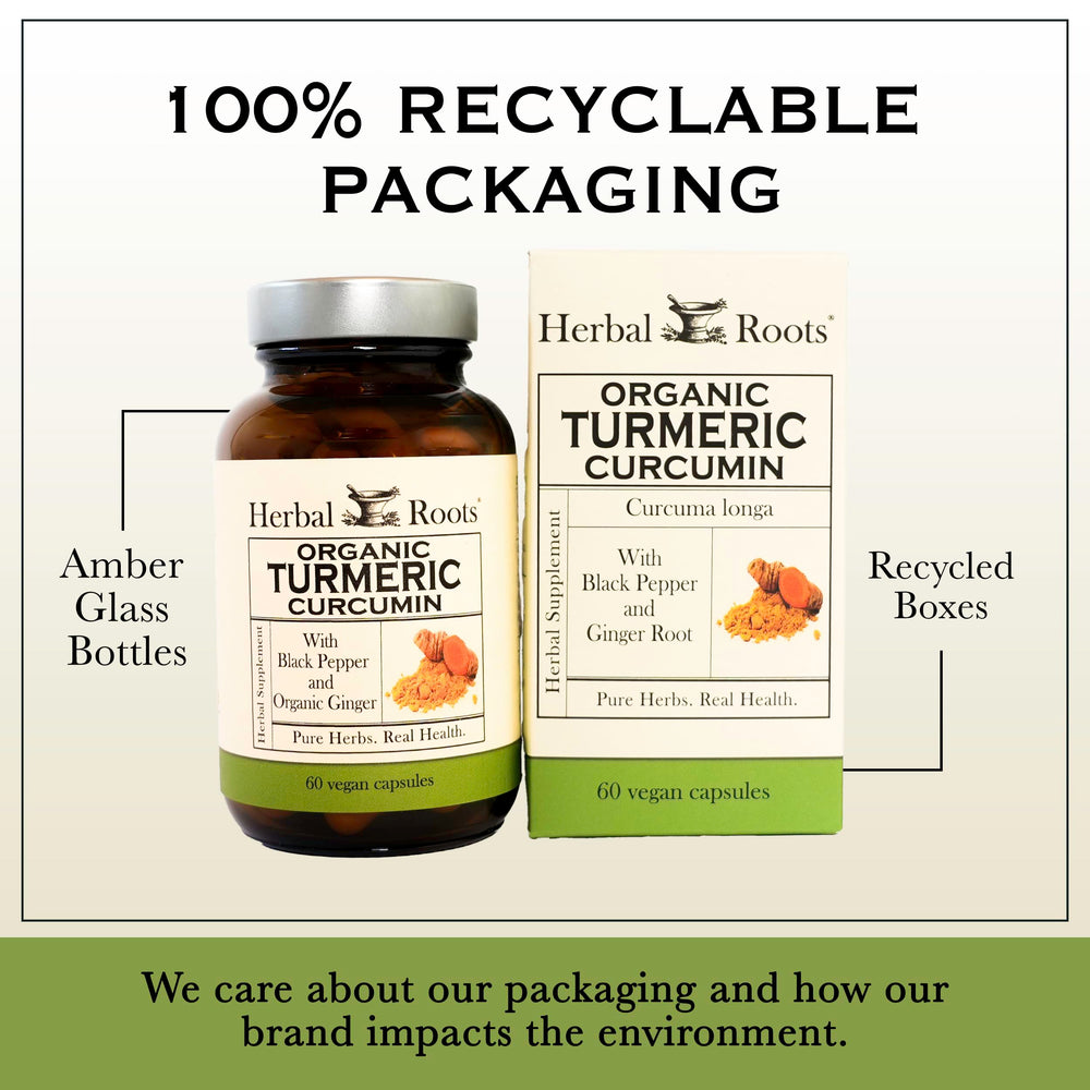 Herbal Roots extra-strength turmeric capsules ready for daily use.