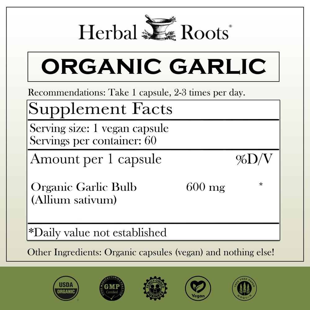 Close-up of Herbal Roots garlic capsules for convenient daily use.
