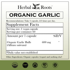 Close-up of Herbal Roots garlic capsules for convenient daily use.