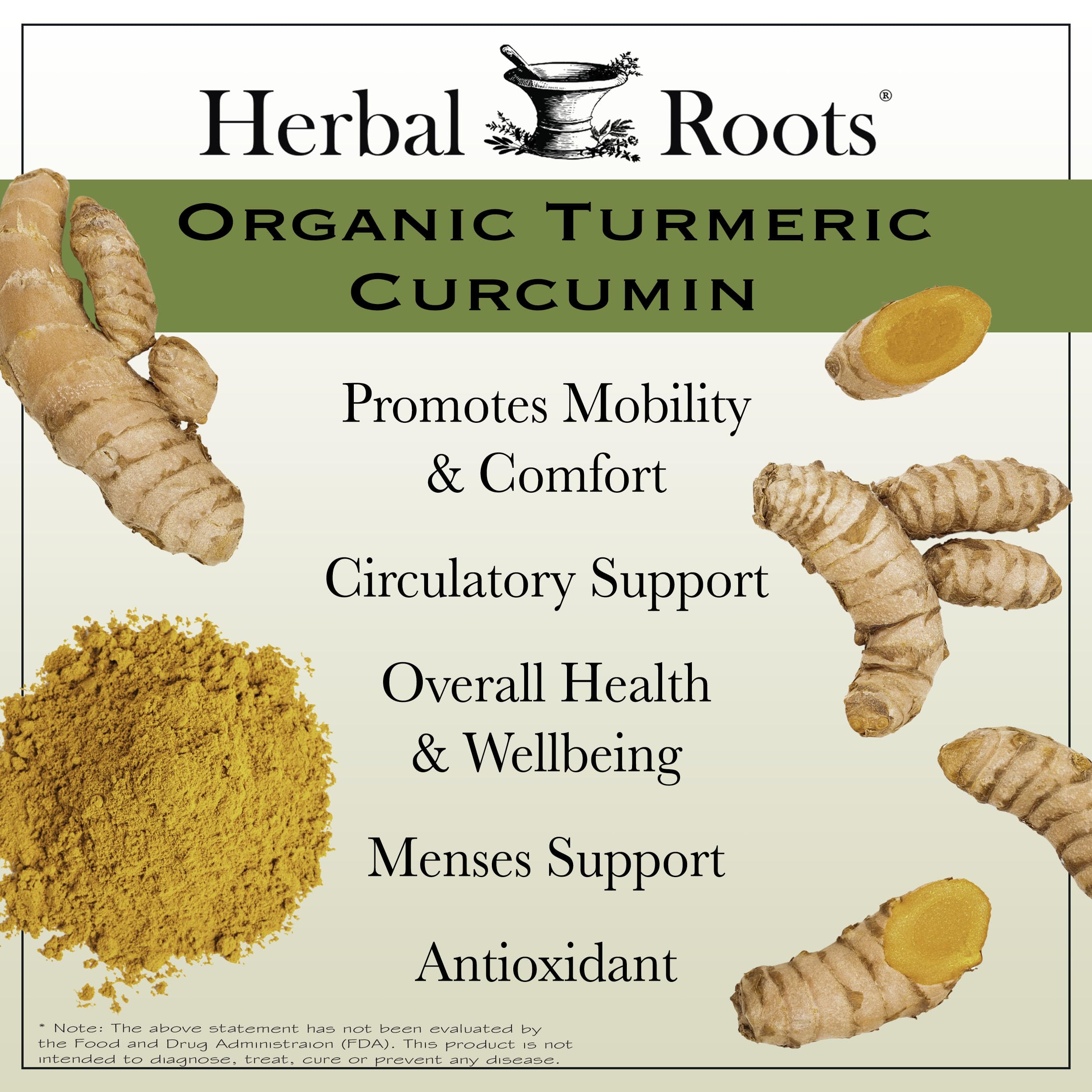 Herbal Roots turmeric with ginger blend evokes warm, natural spice notes.
