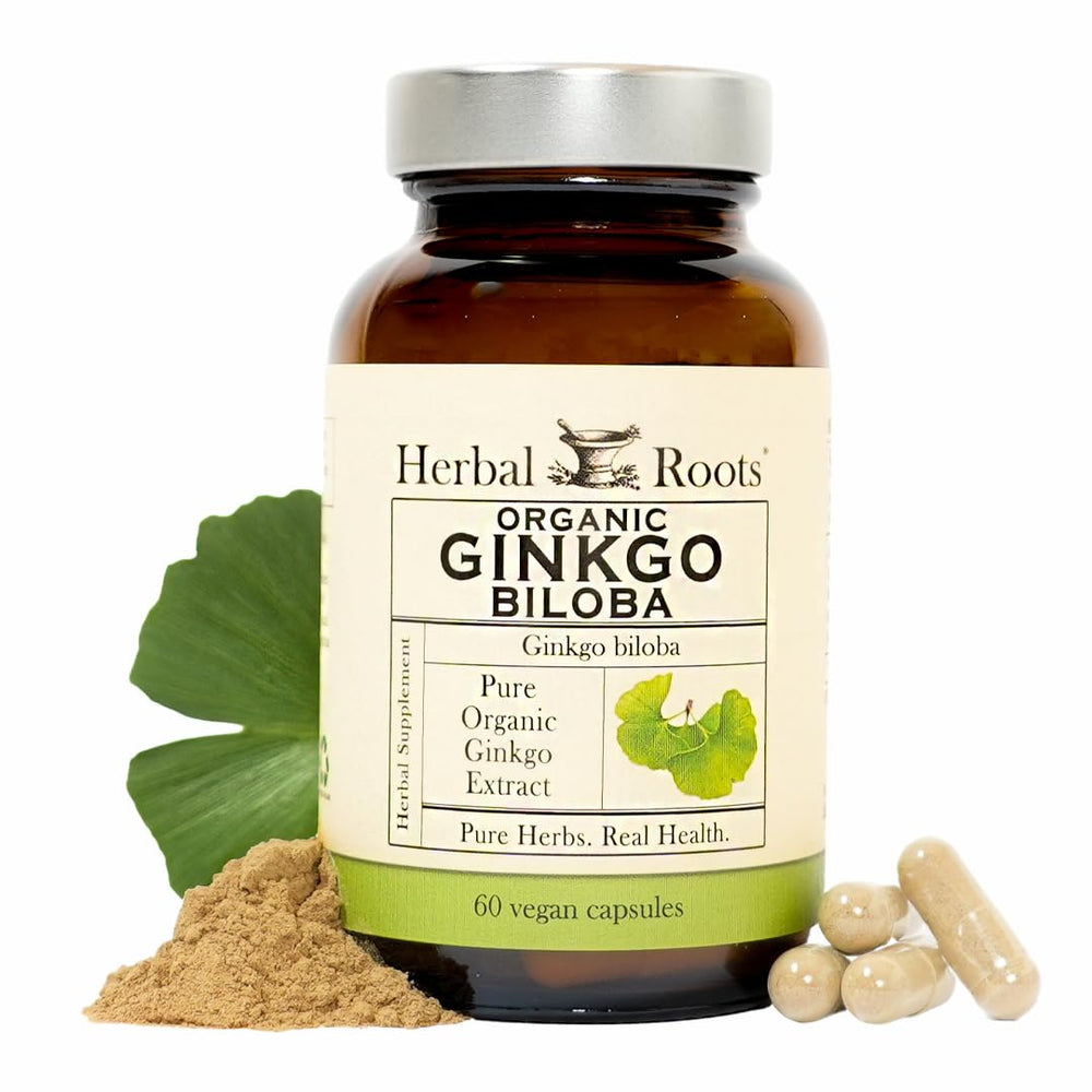 Herbal Roots Ginkgo Biloba bottle showing capsules for cognitive support.