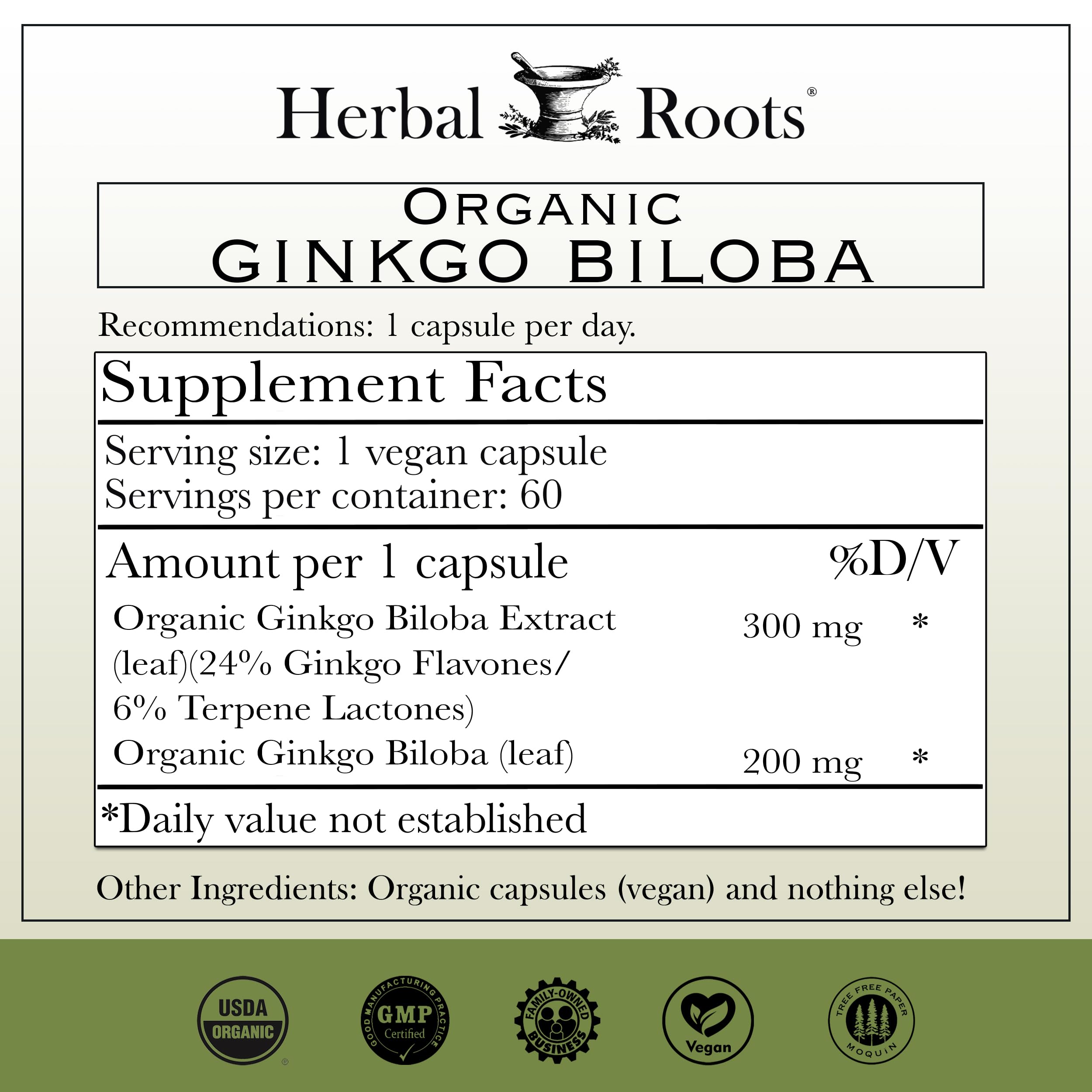 Ginkgo Biloba capsules close-up highlighting vegan formula for focus.
