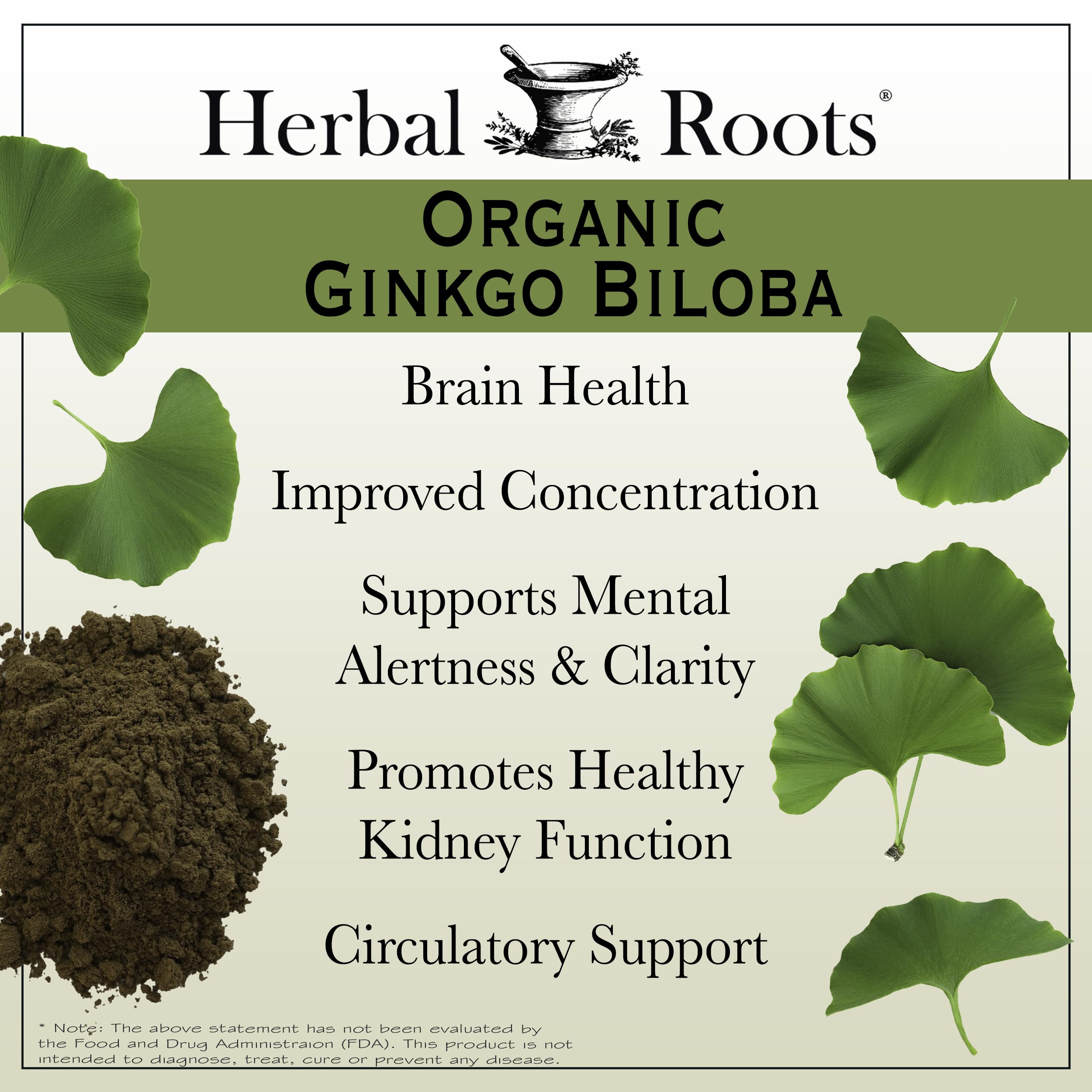 Herbal Roots Ginkgo Biloba label emphasizing organic leaf extract quality.