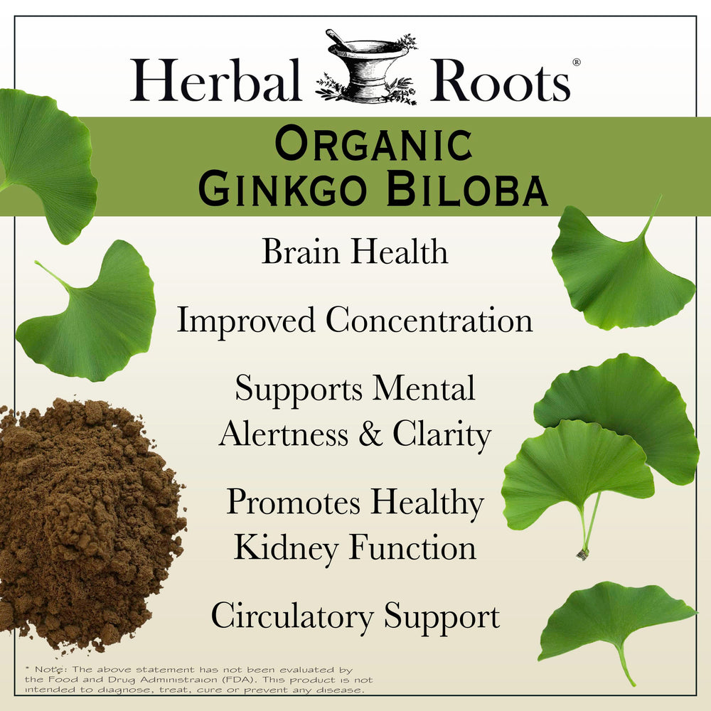 Herbal Roots Ginkgo Biloba label emphasizing organic leaf extract quality.