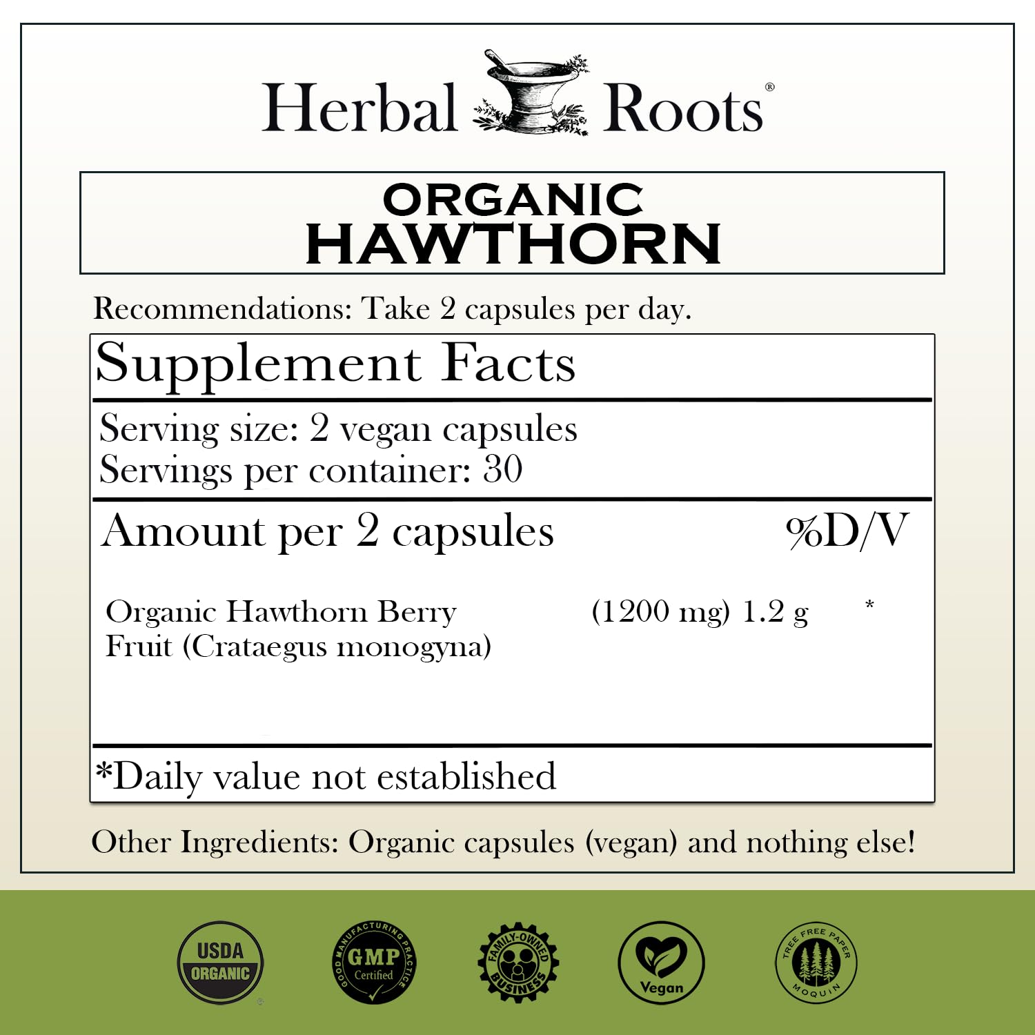 Herbal Roots Hawthorn Berry Capsules closeup showing vegan capsules.