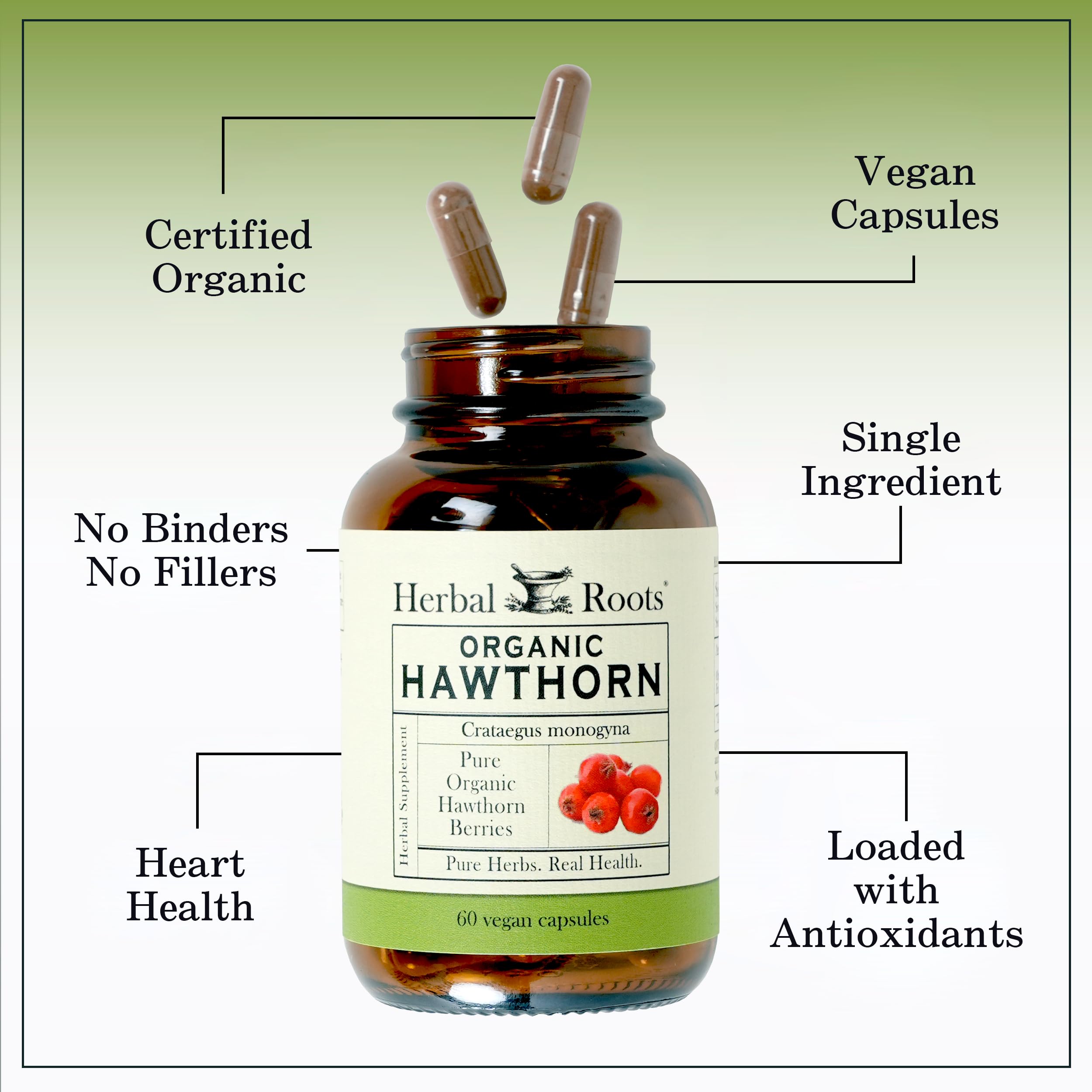 Herbal Roots Hawthorn bottle on shelf suggesting heart-support potential.