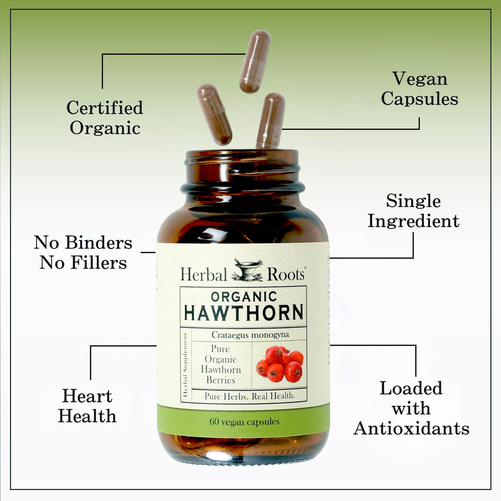 Herbal Roots Hawthorn bottle on shelf suggesting heart-support potential.