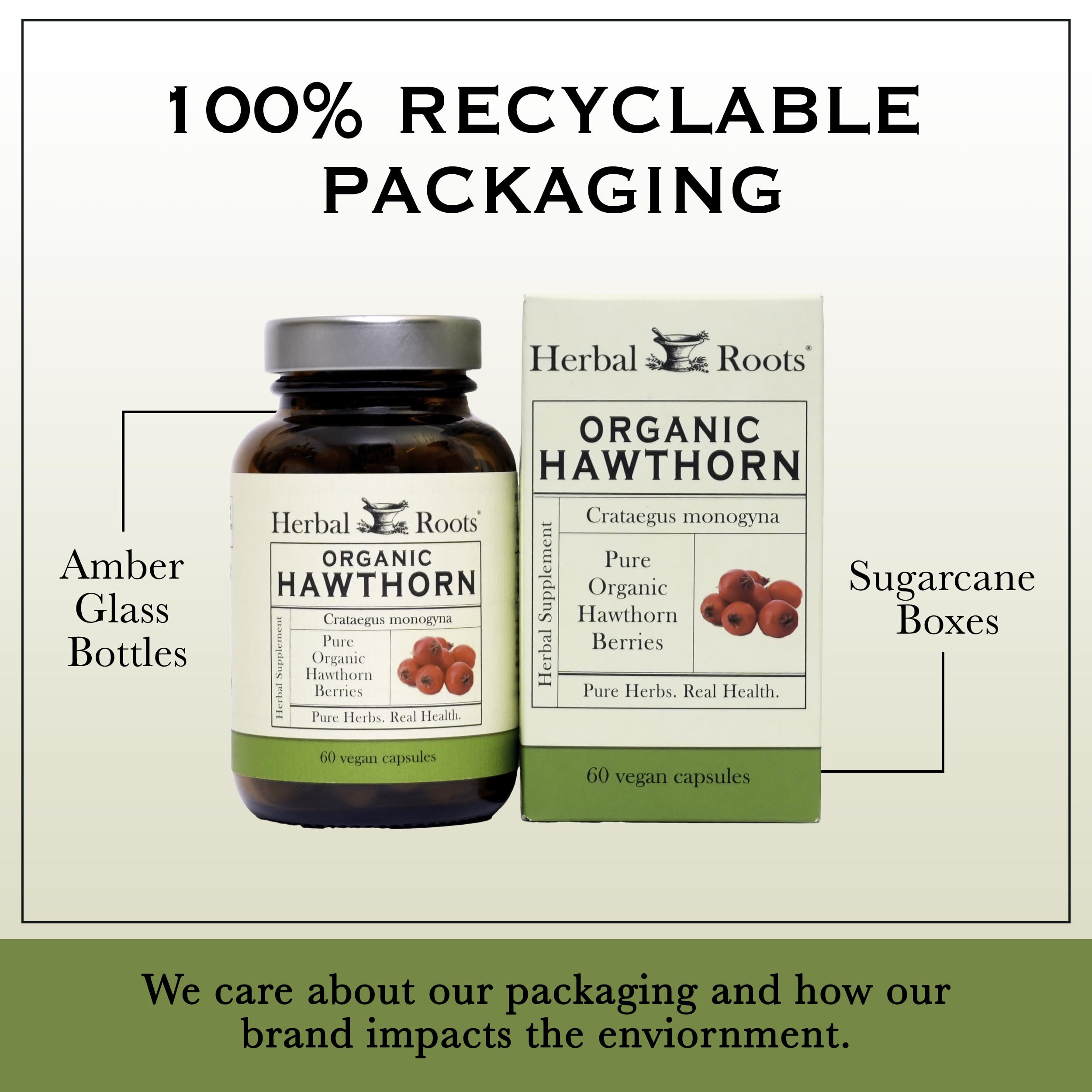 Herbal Roots Hawthorn capsules pour demonstrating convenient daily serving.