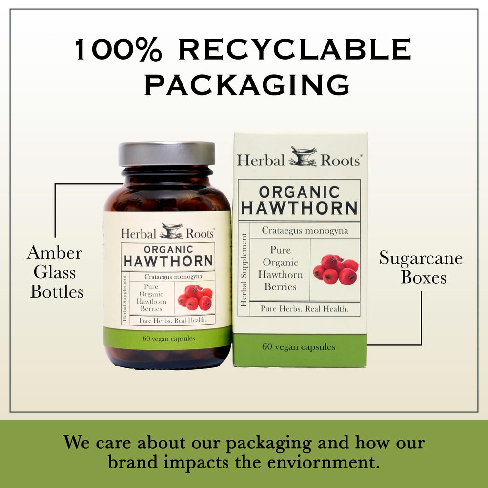 Herbal Roots Hawthorn capsules pour demonstrating convenient daily serving.