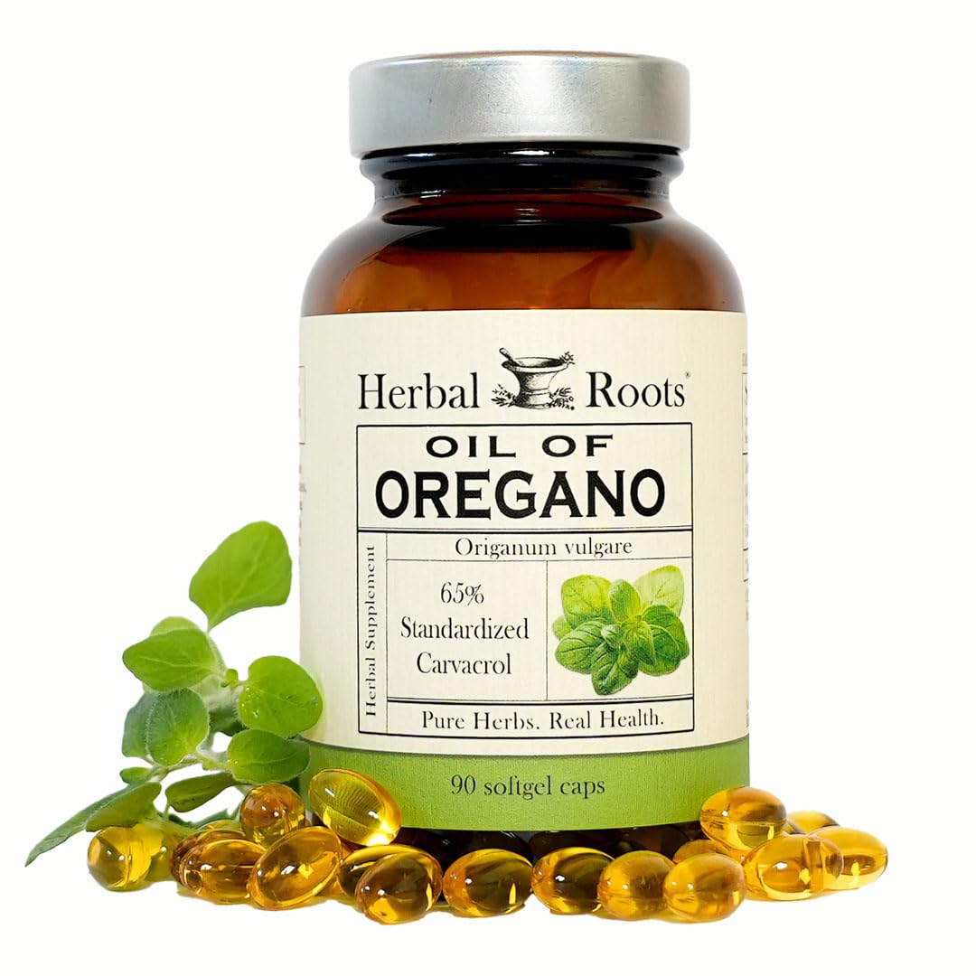 Herbal Roots Oil of Oregano bottle front showing brand and color detailing for immune support