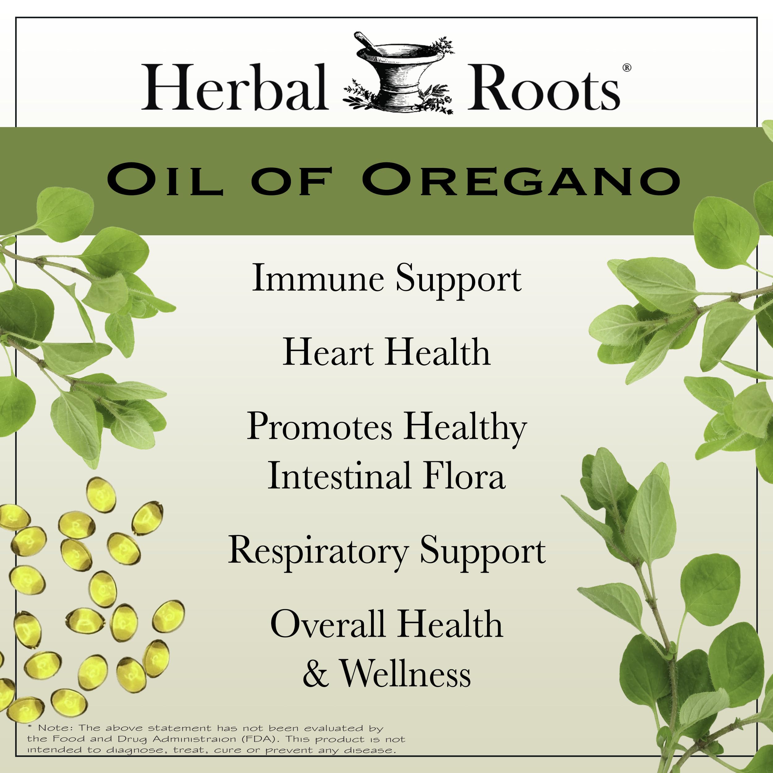 Herbal Roots Oil of Oregano Mediterranean origin label emphasizing pure oregano oil