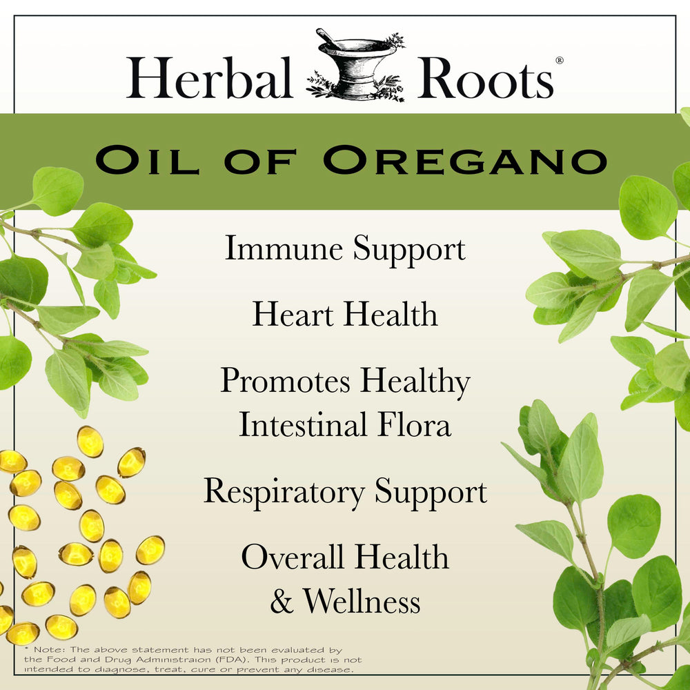 Herbal Roots Oil of Oregano Mediterranean origin label emphasizing pure oregano oil