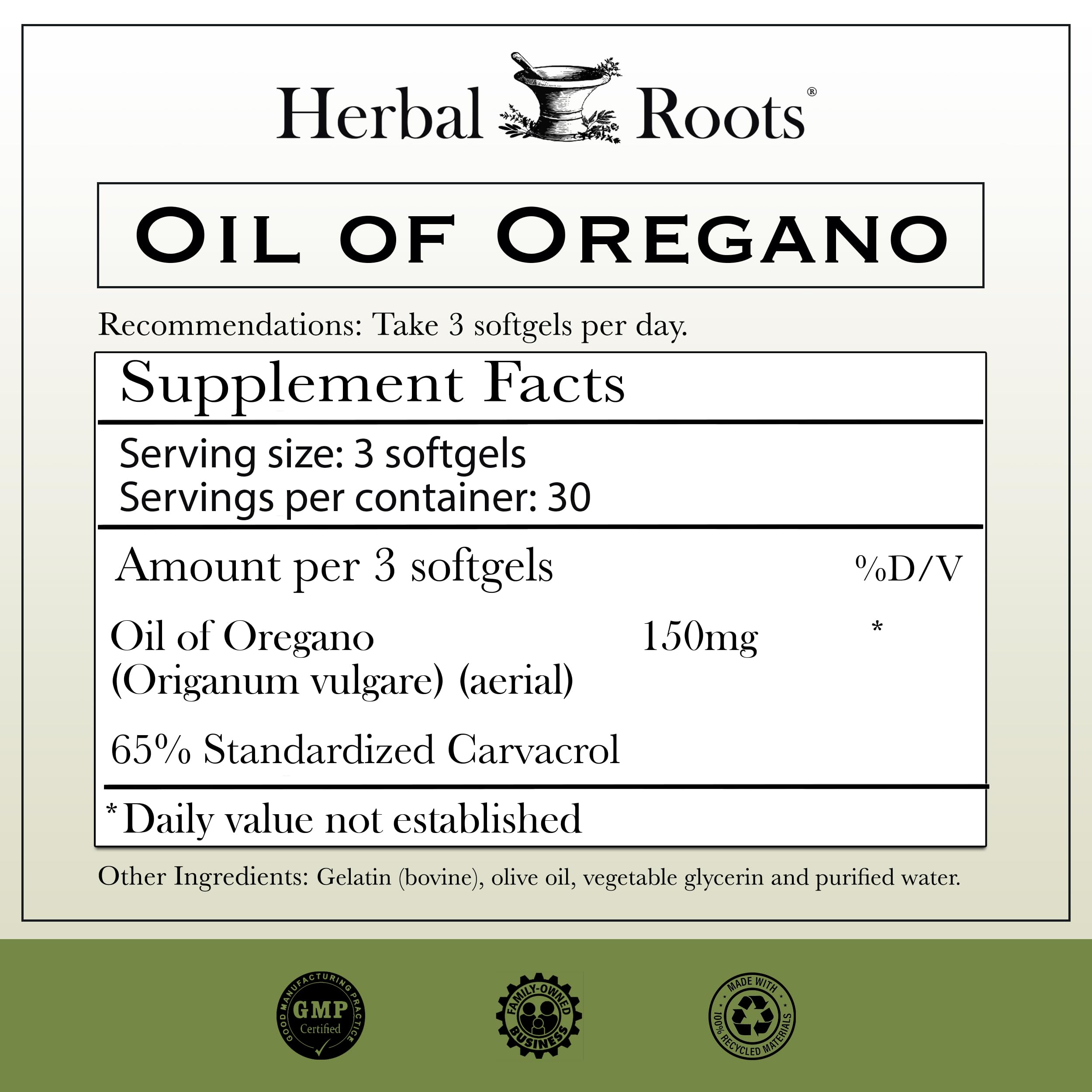 Herbal Roots Oil of Oregano softgels closeup highlighting 150 mg strength