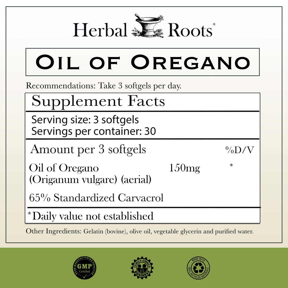 Herbal Roots Oil of Oregano softgels closeup highlighting 150 mg strength
