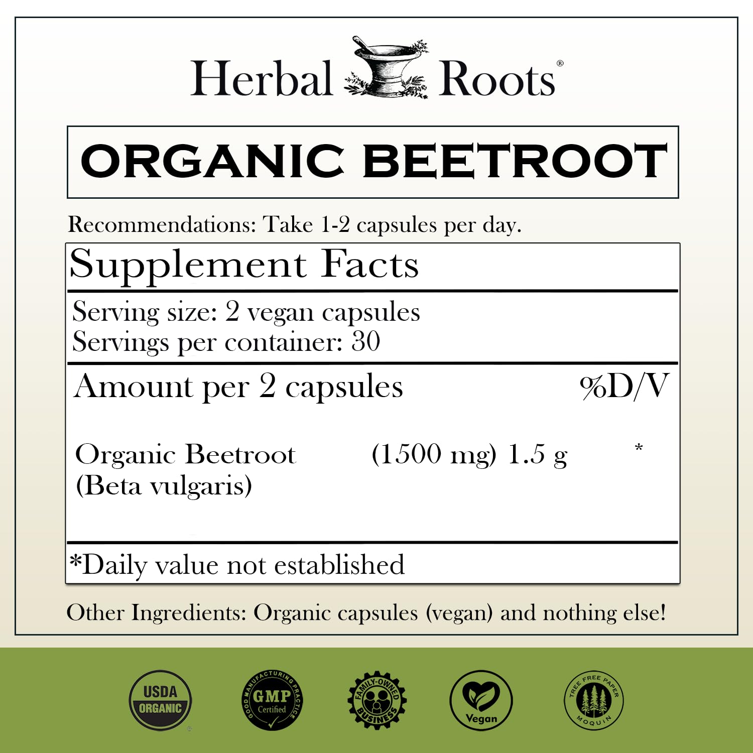 Herbal Roots Organic Beet Root label highlights USDA Organic and Non-GMO quality.