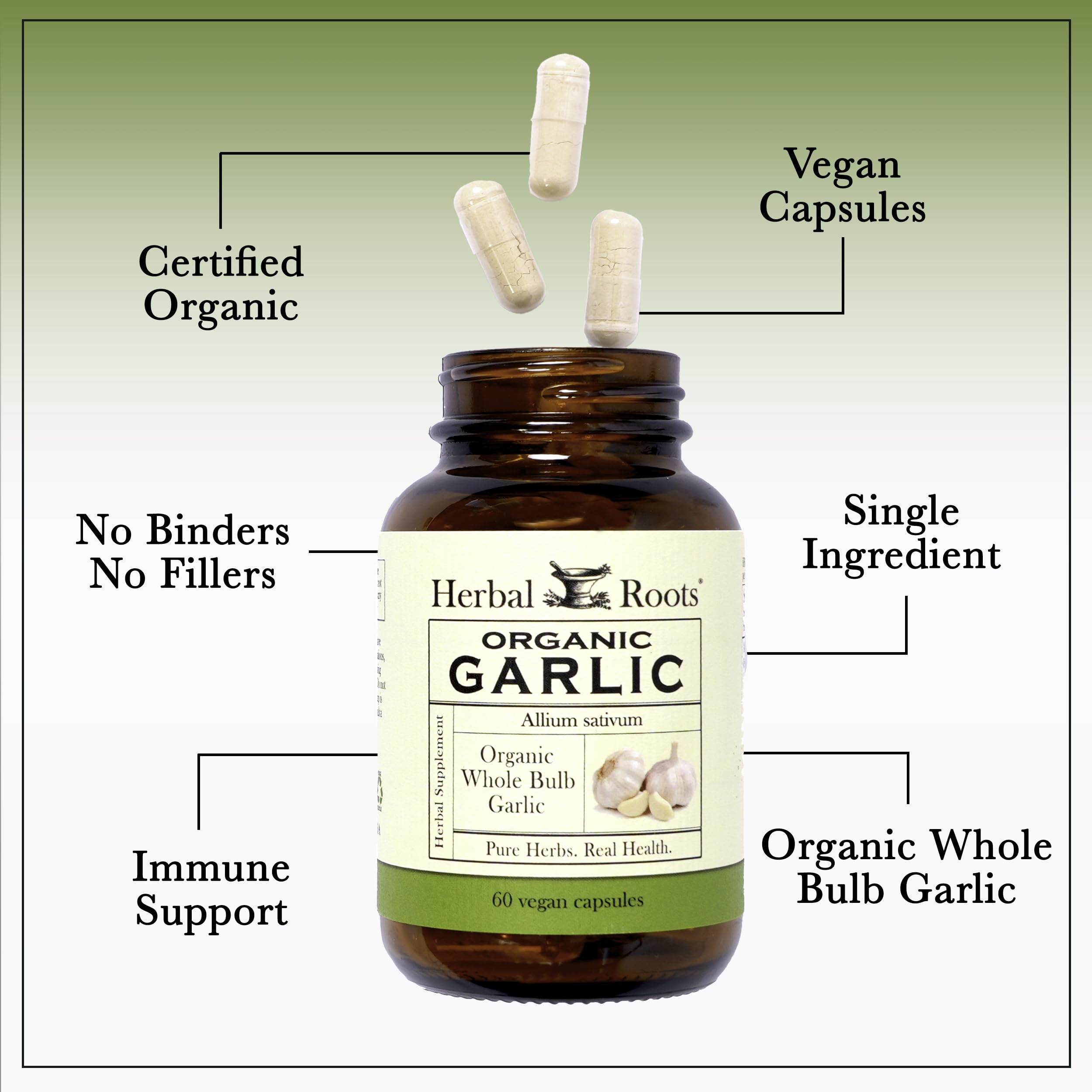 Herbal Roots organic label highlights USDA certification for quality garlic pills.