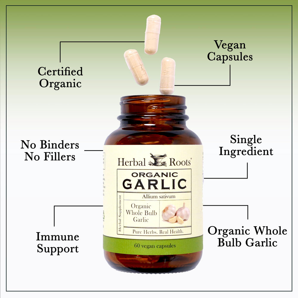 Herbal Roots organic label highlights USDA certification for quality garlic pills.