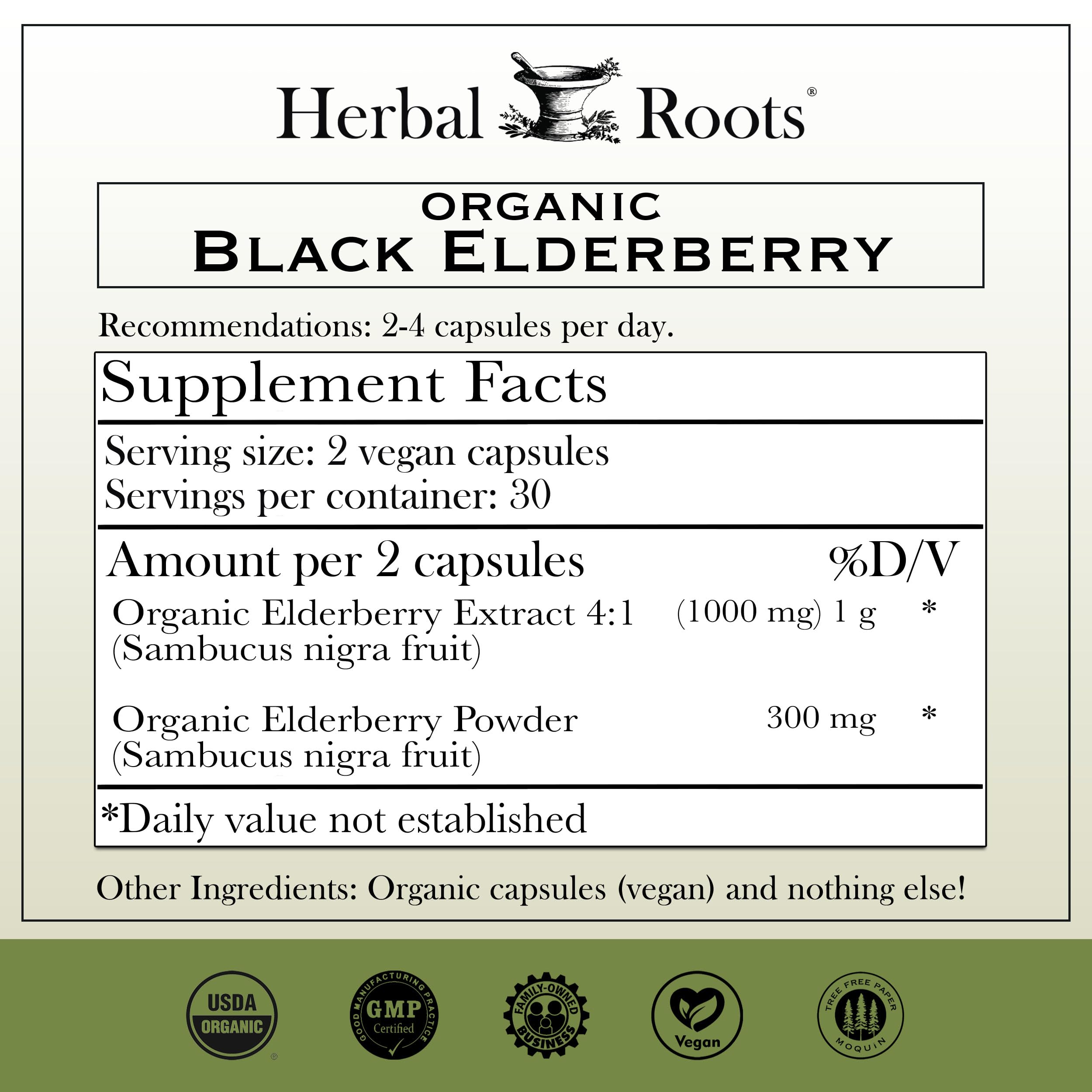 Herbal Roots organic Sambucus elderberry packaging emphasizing antioxidant-rich formula.
