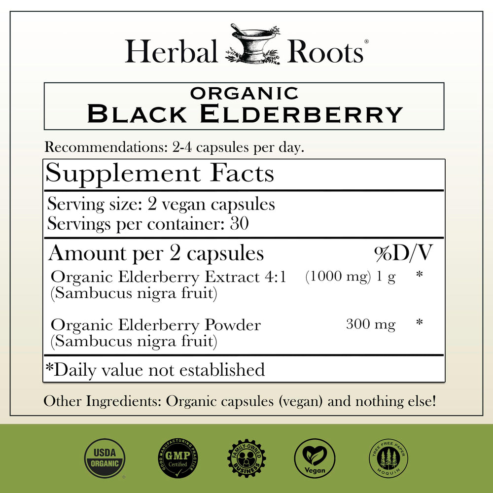 Herbal Roots organic Sambucus elderberry packaging emphasizing antioxidant-rich formula.