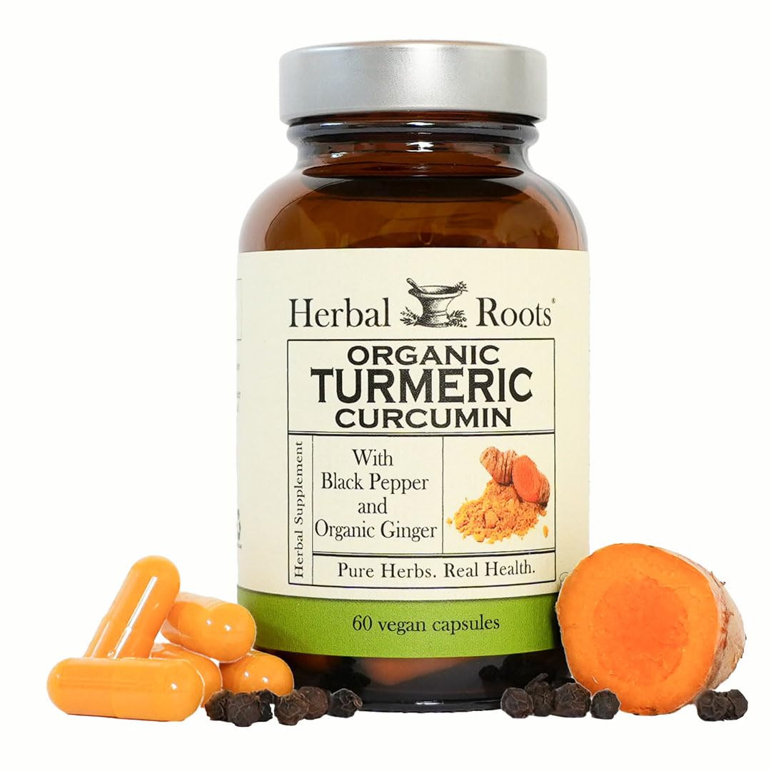 Herbal Roots Turmeric Curcumin bottle for daily wellness and vitality.