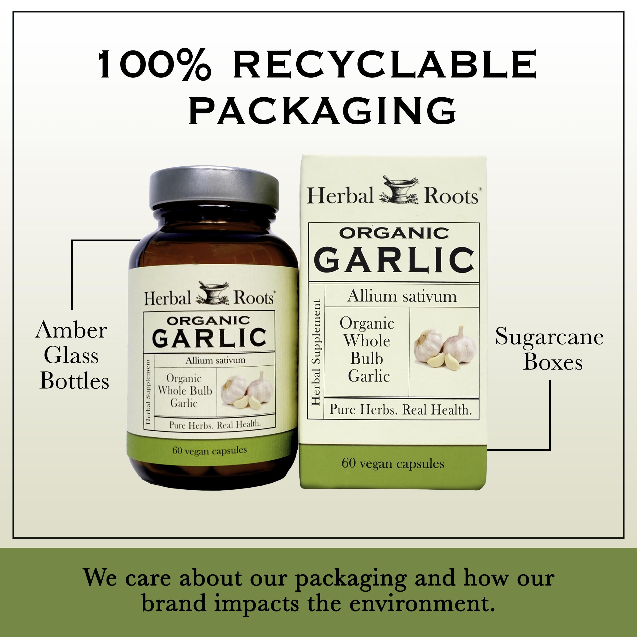 Herbal Roots vegan seal indicates pure, filler-free garlic capsules.