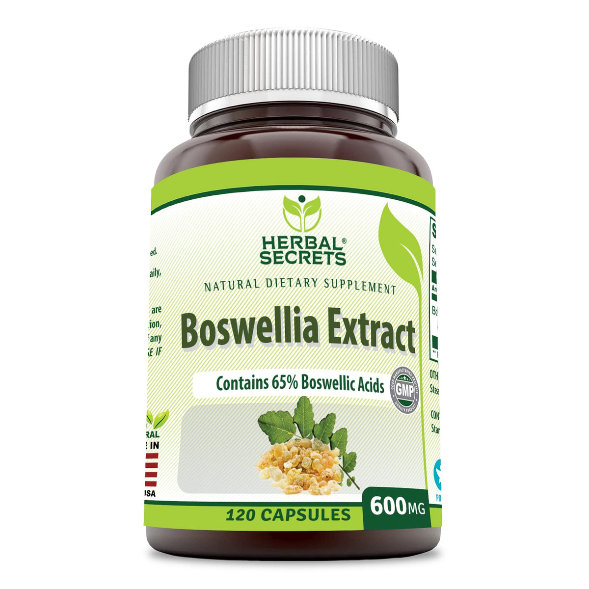 Herbal Secrets Boswellia bottle close-up highlighting purity and dosage
