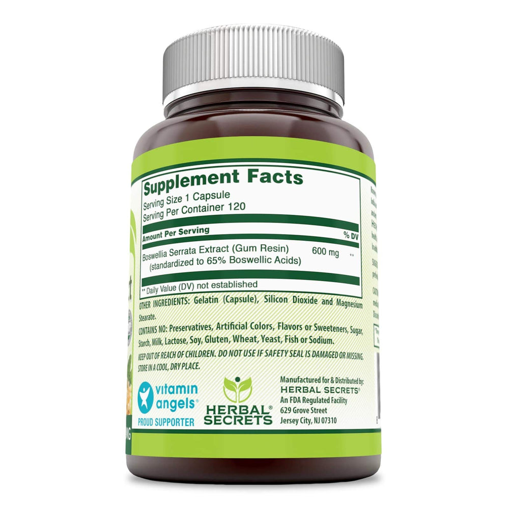 Herbal Secrets Boswellia label front view emphasizes quality and GMP standards